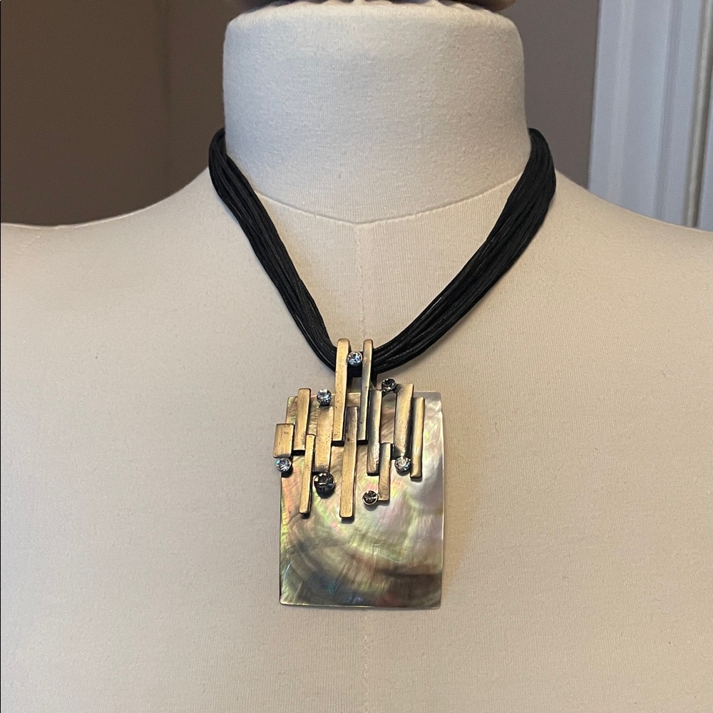 Black Cord Necklace with Iridescent Shell Pendant and Gold Accents